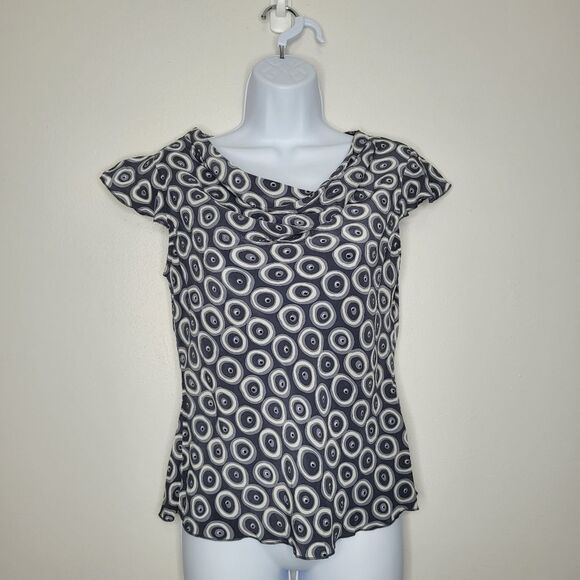 Y2k abstract circle print 100% silk cowl neck flutter sleeve top size small - Picture 1 of 6